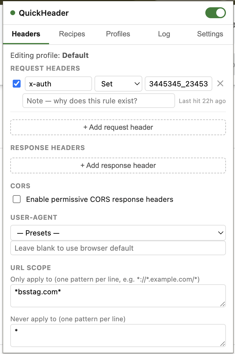 QuickHeader popup showing the Headers tab with a request header rule configured