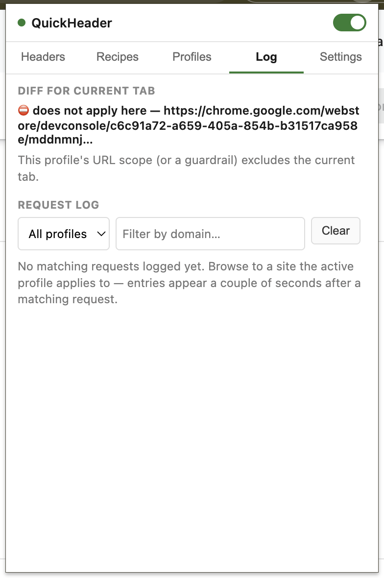 QuickHeader Log tab showing the current-tab header diff and request log