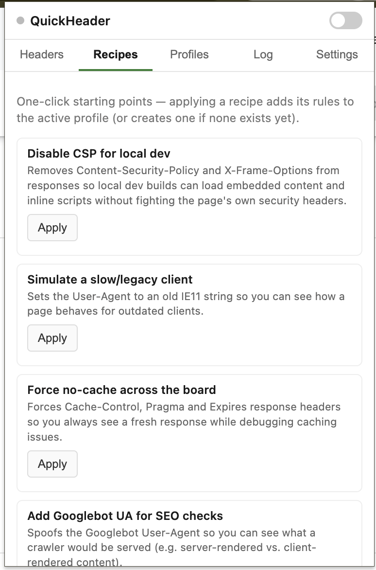 QuickHeader Recipes tab with one-click starting points